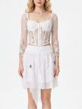 Banana USA  Asymmetrical White Sheer Beaded Sequin floral Skirt Boho Fairycore